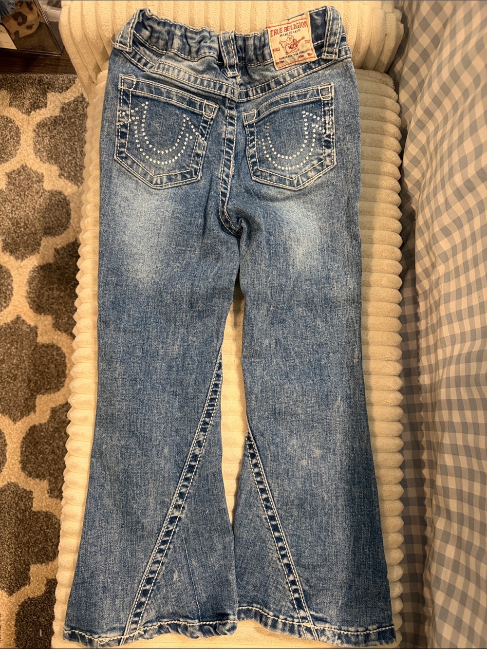 True Religion Light Blue Flare Jeans with Rhinestone Back Pockets